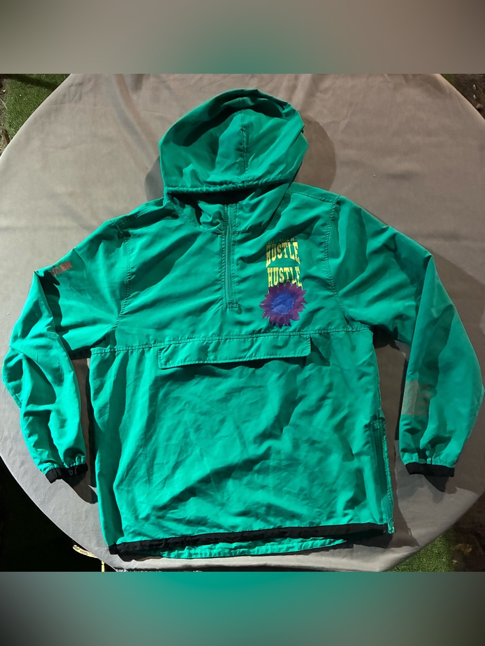 Brooklyn Cloth Teal Green Hooded Windbreaker with Flower Graphic